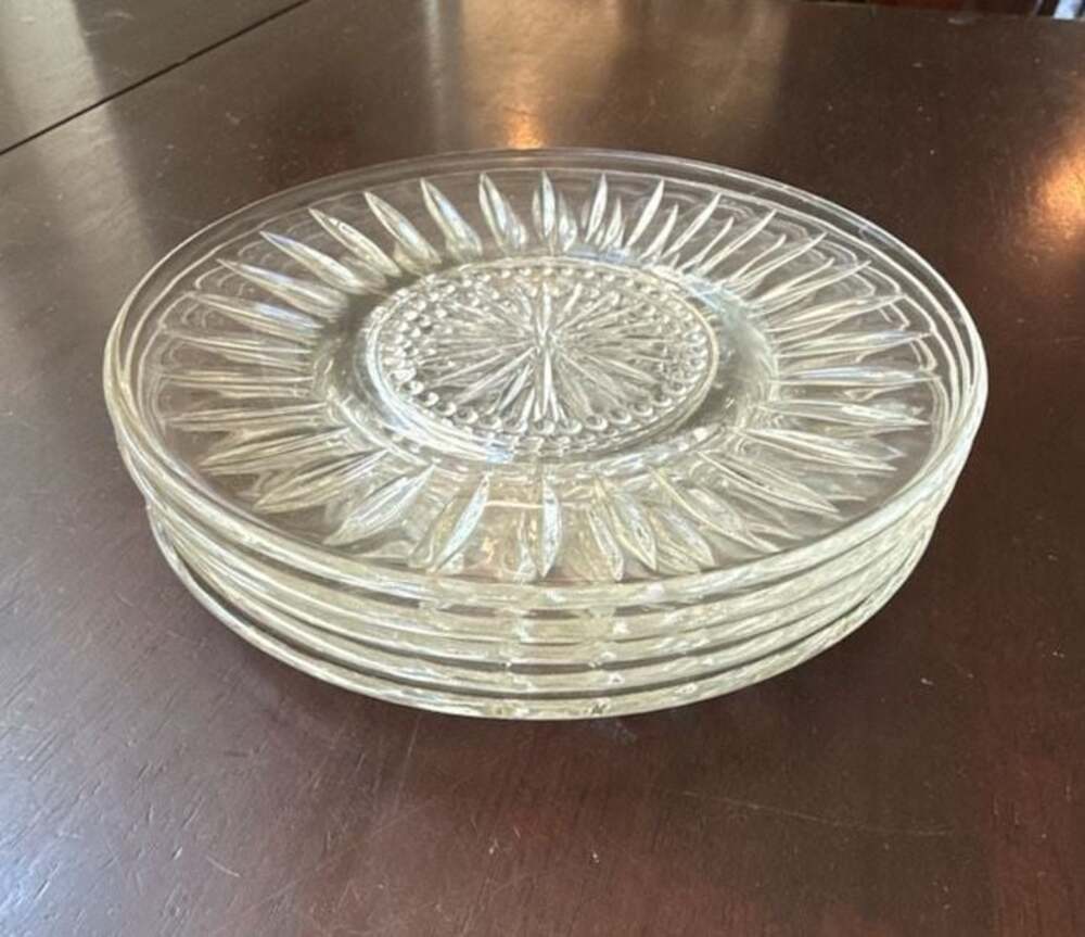 Set of 5 Vintage Clear Glass Starburst Pattern Dessert Plates
